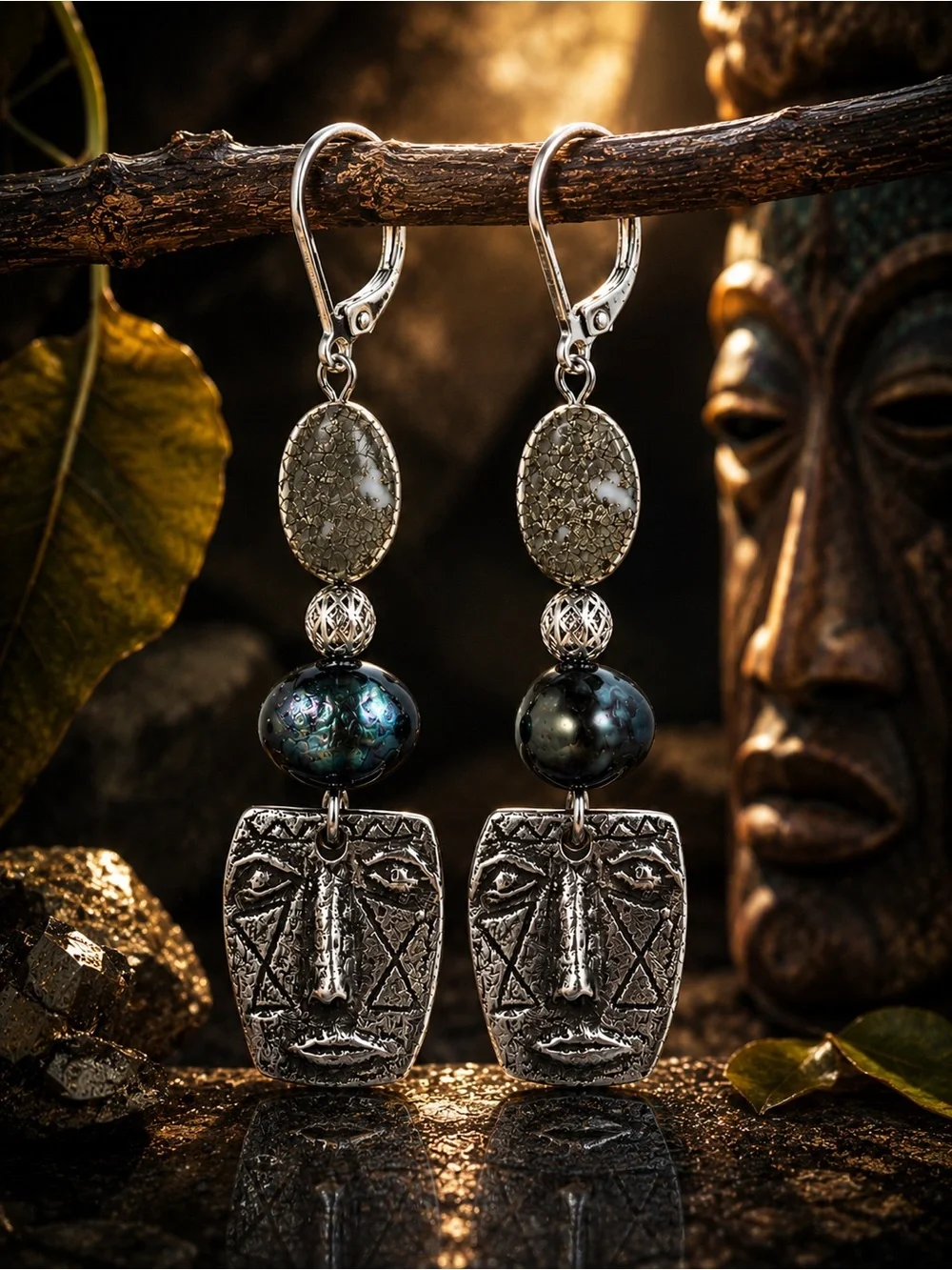 OOAK Pyrite & Peacock Freshwater Pearl Face Earrings | Signed Inviciti Artisan